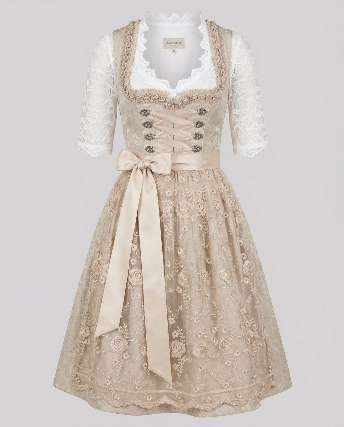 Ida Beige Geblümtes Spitzen-Dirndlkleid mit Spitzenbluse für Damen | Tracht Oktoberfest Festlich - S/M/L/XL/2XL/3XL/4XL/5XL