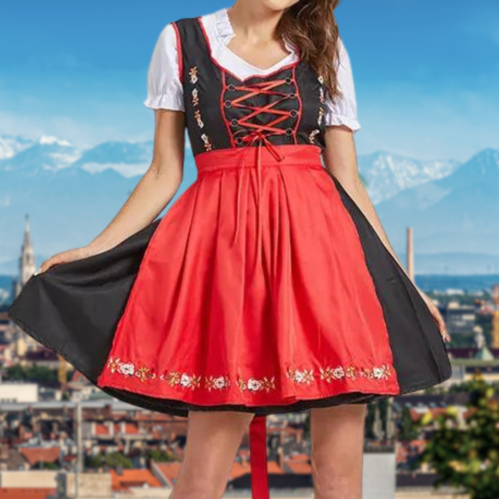 Ingrid Schwarz-Rot Traditionelles Dirndl mit Schürze für Damen | Oktoberfest Trachtenkleid - XS/S/M/L/XL/2XL/3XL/4XL/5XL