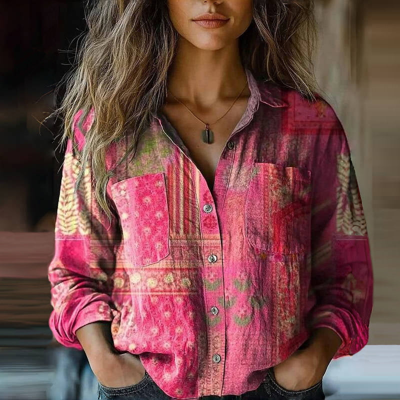 Vreni Rote Vintage-Print Langarm Damenbluse | Lockere Passform Boho-Stil | Freizeit und Reisen - S-3XL