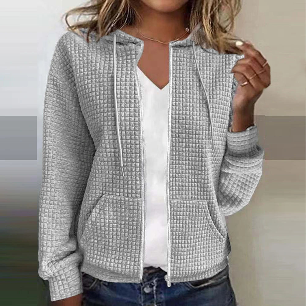 Heinz Schwarz Waffelstruktur Kapuzen-Sweatshirt mit Reissverschluss für Damen | Casual Freizeit - S/M/L/XL/2XL