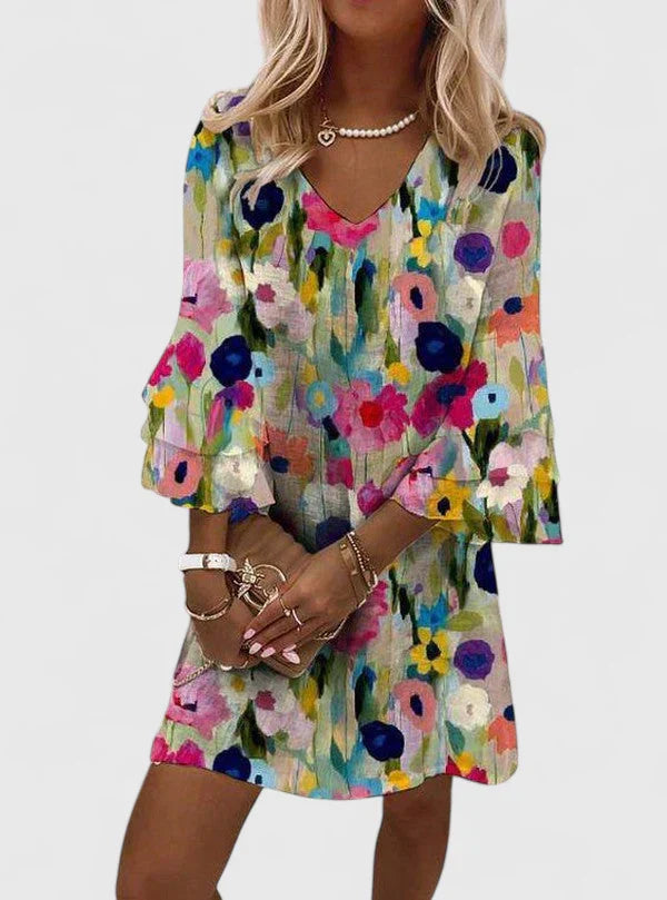 Petra Mehrfarbiges Florales Aquarell Minikleid für Damen | V-Ausschnitt Rüschenärmel Feminin - 2XS-5XL