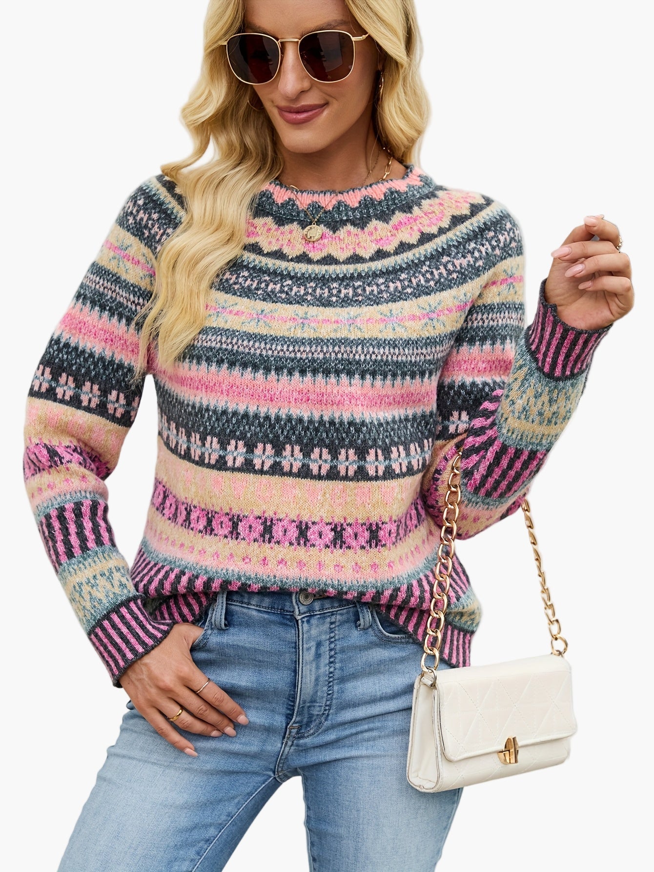 Hannelore Dunkelgrau Fair Isle Gemusterter Strickpullover für Damen | Rundhals Herbst Winter Casual - S/M/L/XL