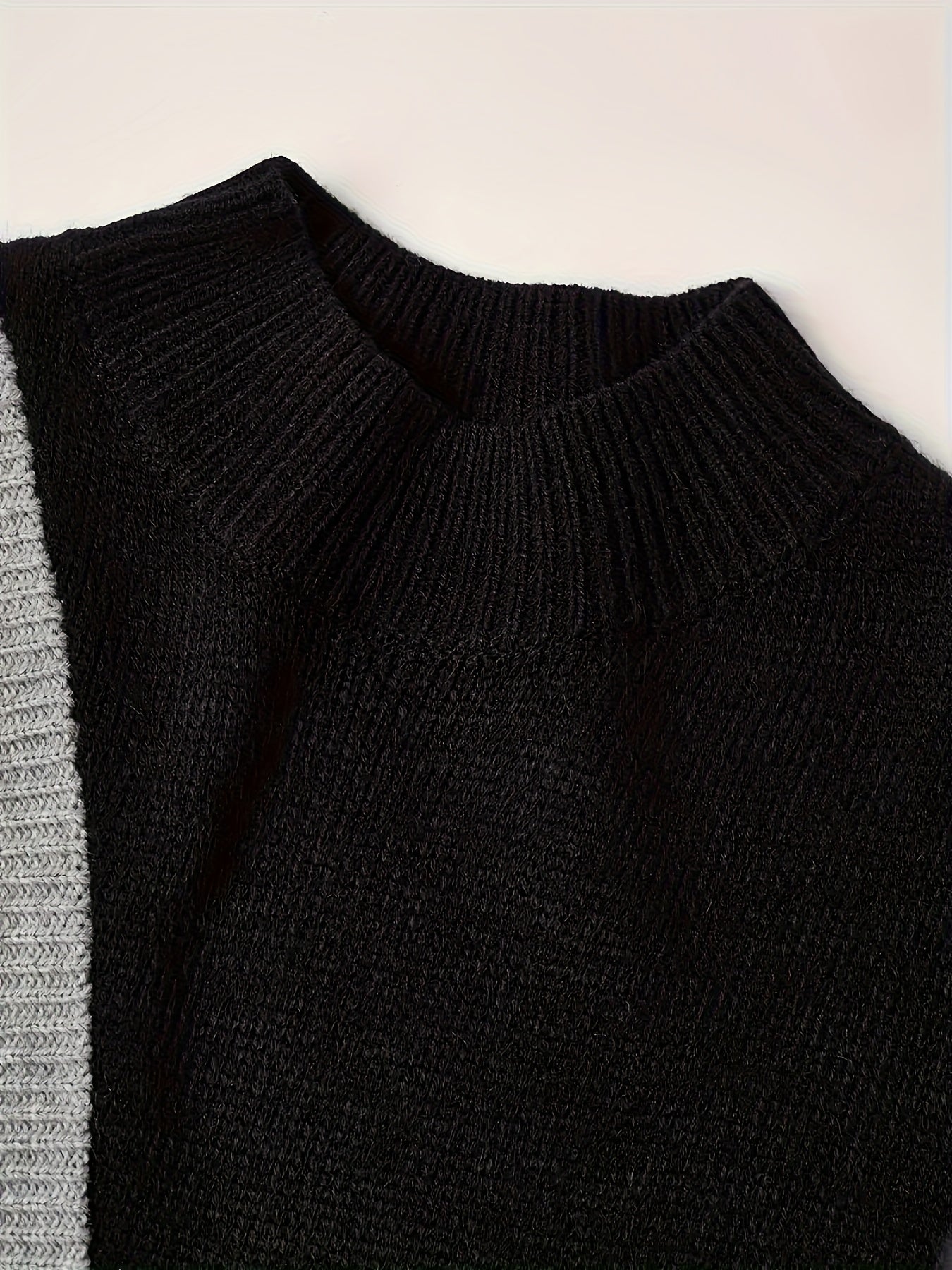Viktoria Schwarz Colorblock Patchwork Strickpullover für Damen | Stehkragen Grobstrick Büro Casual - XS/S/M/L/XL/2XL