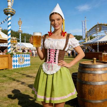 Vreni Grün Schulterfreies Dirndl Kostüm mit Schürze und Mütze für Damen | Oktoberfest Volksfest - S/M/L/XL/2XL/3XL