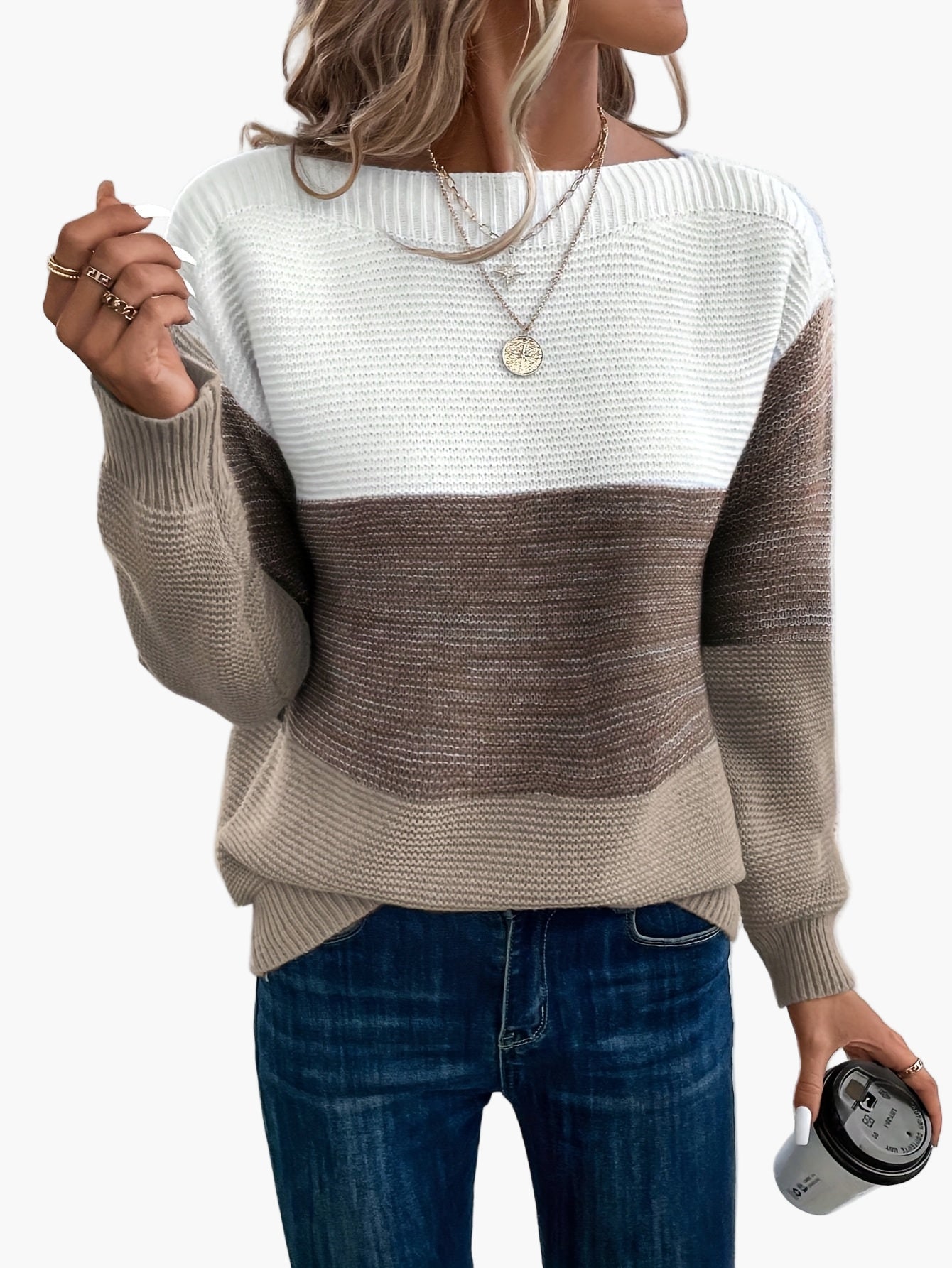 Brigitte Grün Colorblock Strickpullover für Damen | Oversized Rundhals Casual Herbst Winter - S/M/L/XL