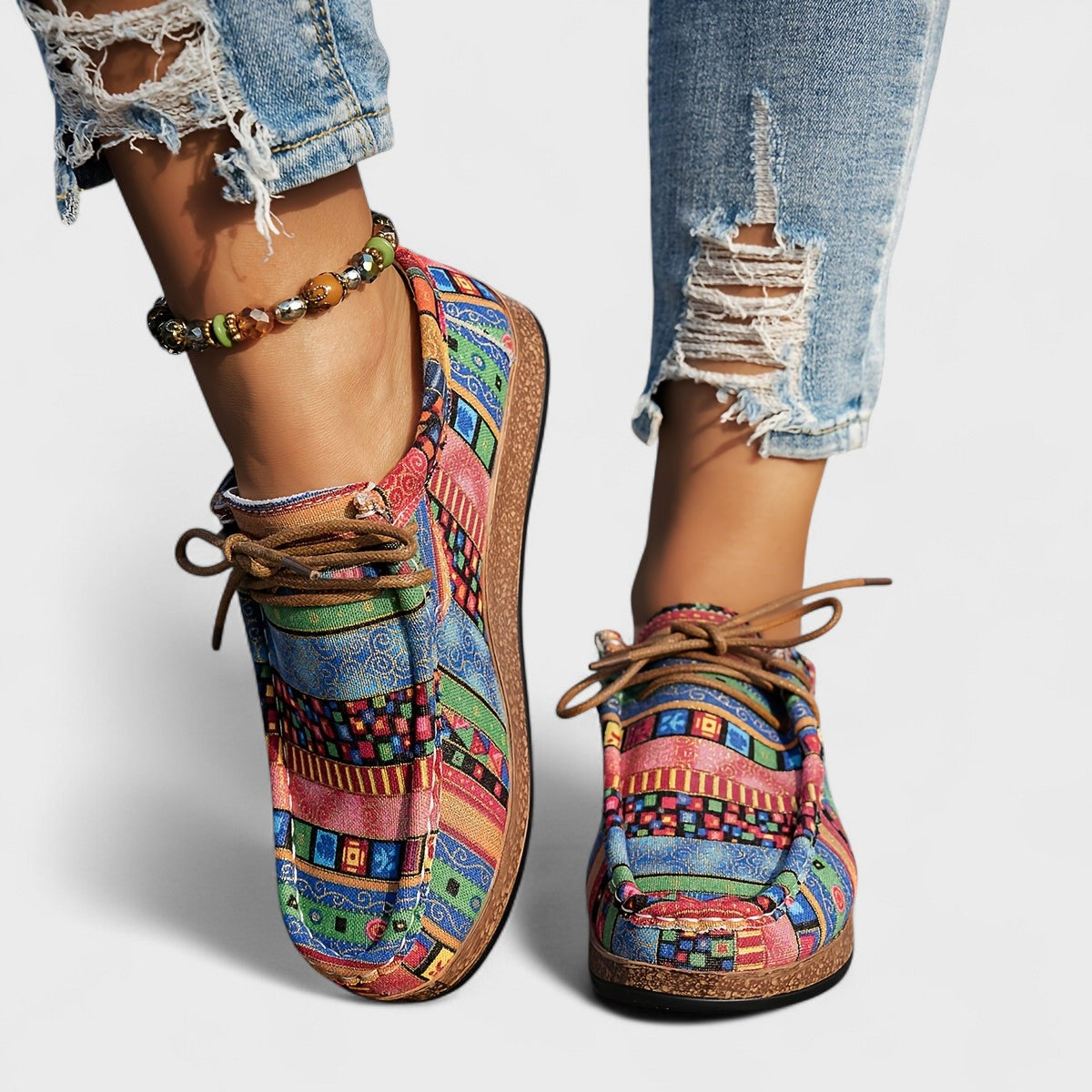 Hanna Rot Ethnisches Patchwork Lace-Up Plateau-Sneaker für Damen | Leichter Komfort Boho-Stil