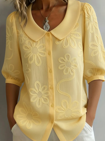 Monika Gelb Blumenbestickter Peter-Pan-Kragen Kurzarm Bluse für Damen | Leichter Femininer Fit | Alltag und Brunch - S/M/L/XL/2XL/3XL