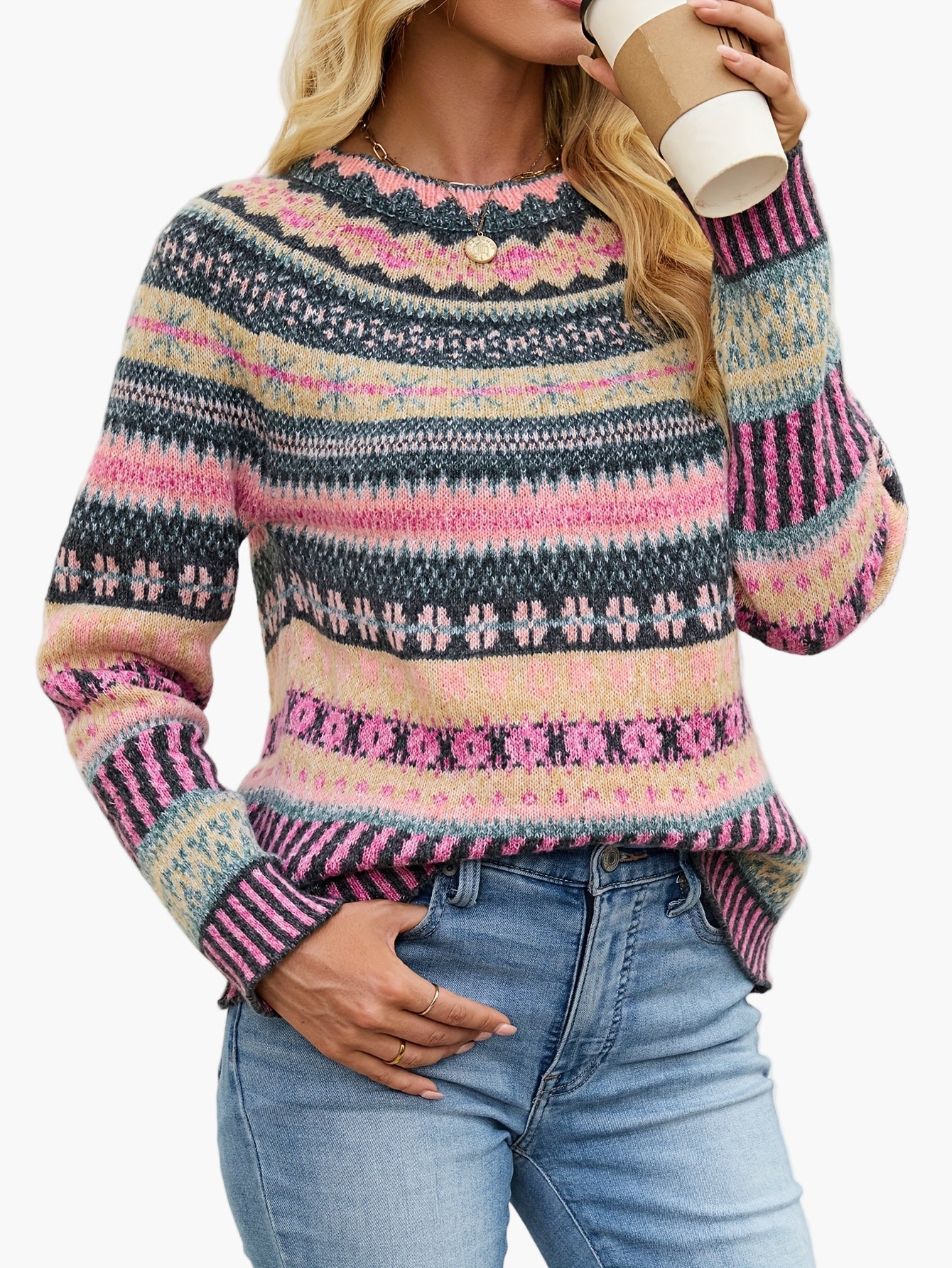 Hannelore Dunkelgrau Fair Isle Gemusterter Strickpullover für Damen | Rundhals Herbst Winter Casual - S/M/L/XL