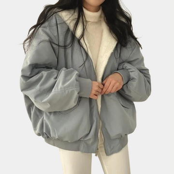 Marlis Grau Oversized Wattierte Winterjacke mit Kunstfell-Futter für Damen | Bomber Stil Casual - S/M/L/XL