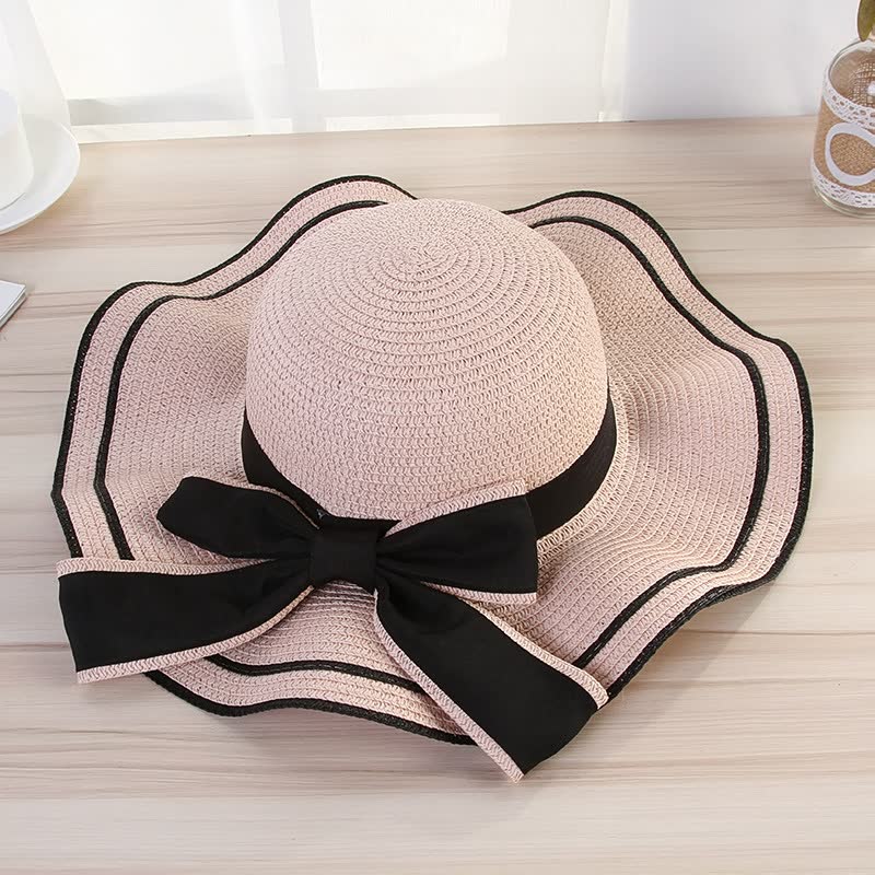 Romy Beige Geflochtener Strohhut mit Breiter Krempe für Damen | Schleife Sommerlicher Sonnenschutz - Einheitsgrösse