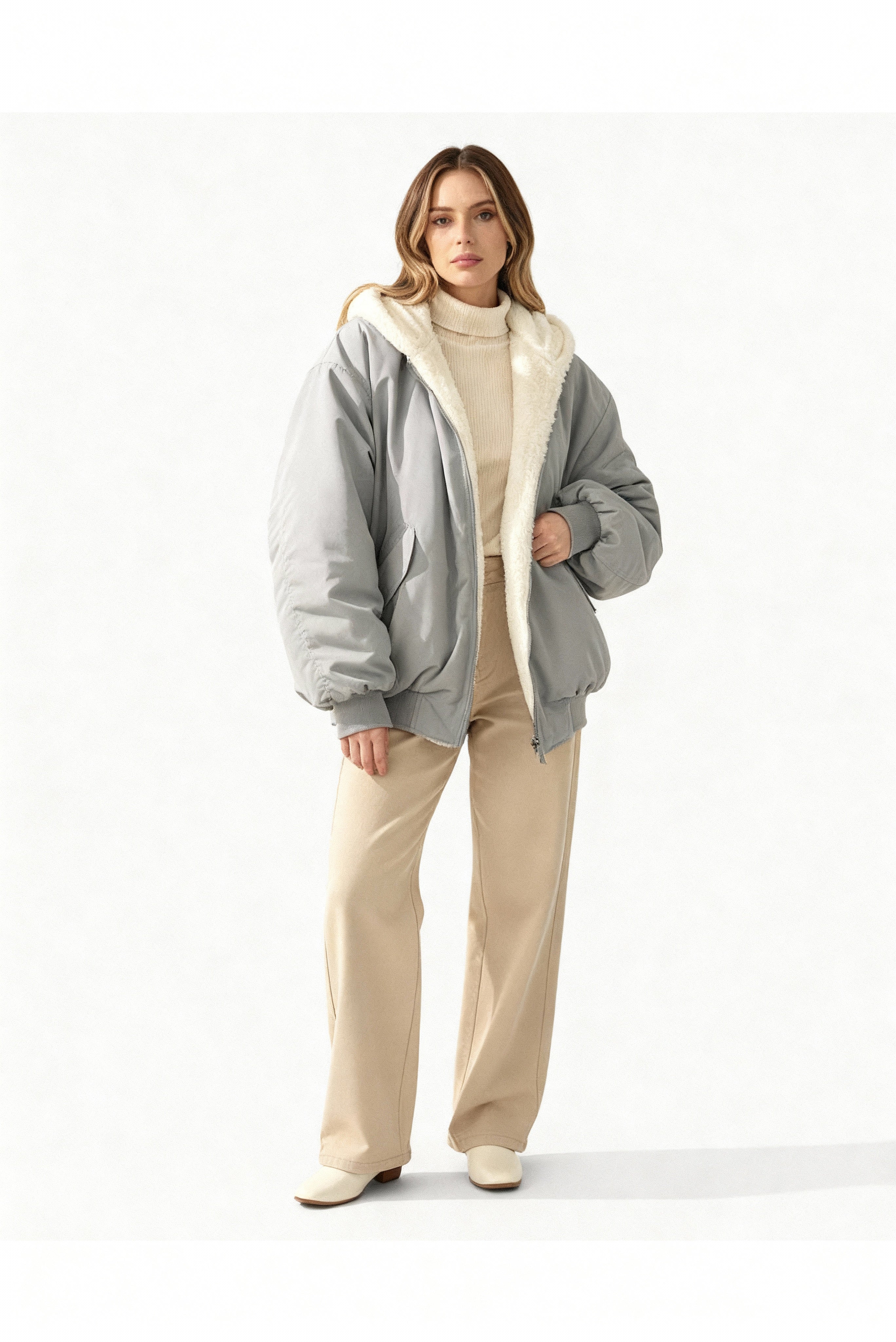 Rosemarie Grau Oversized Winterjacke mit Kapuze für Damen | Sherpa-Futter Casual Winter - S/M/L/XL/2XL