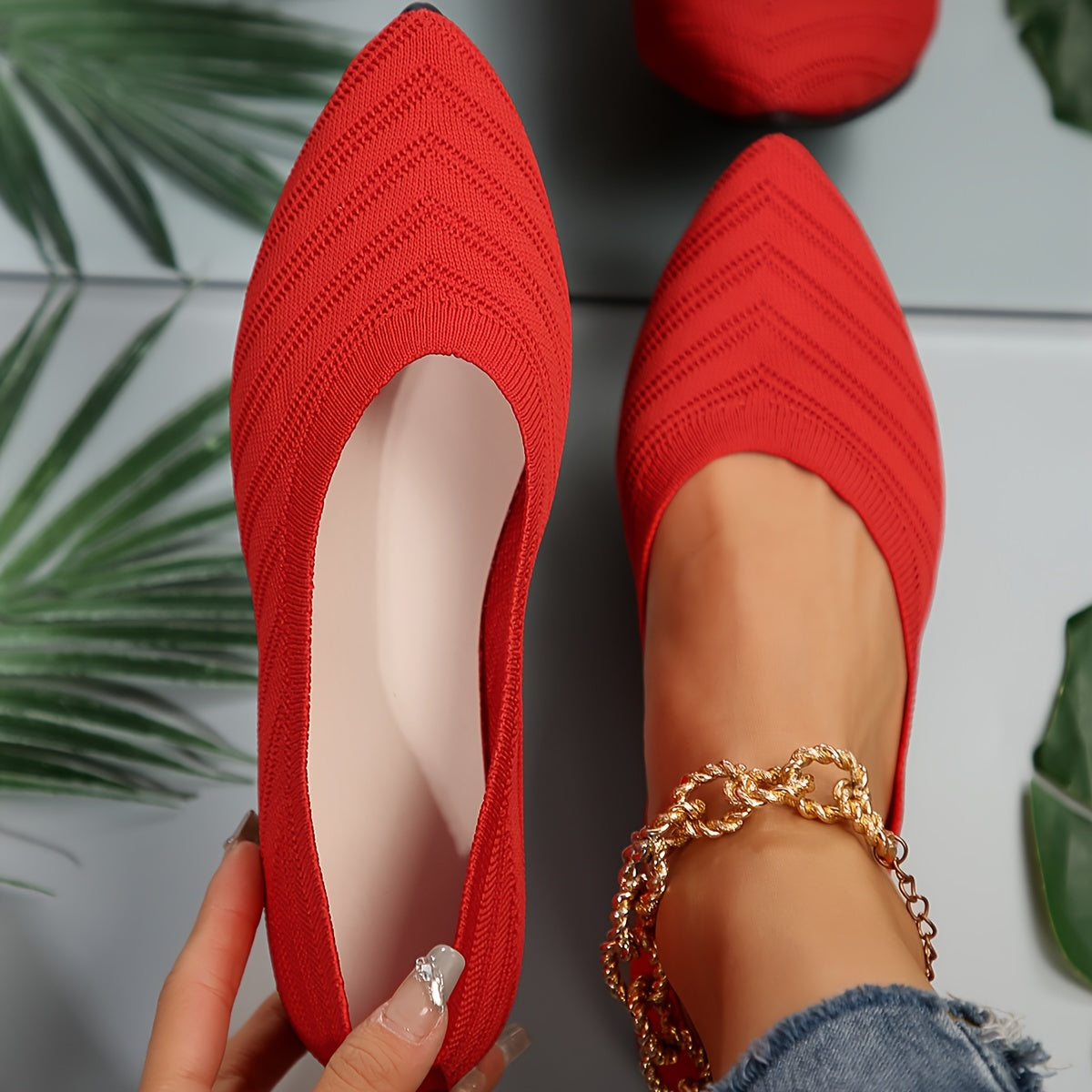 Nadine Aprikose Gestrickte Spitzschuh Flats für Damen | Leichter Slip-On Komfort | Alltag und Büro - 35/36/37/38/39/40/41/42/43