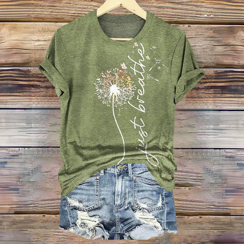 Monika Grün Löwenzahn-Print T-Shirt für Damen | Lässige Vintage Passform | Freizeit und Alltag | Grosse Grössen - S-4XL