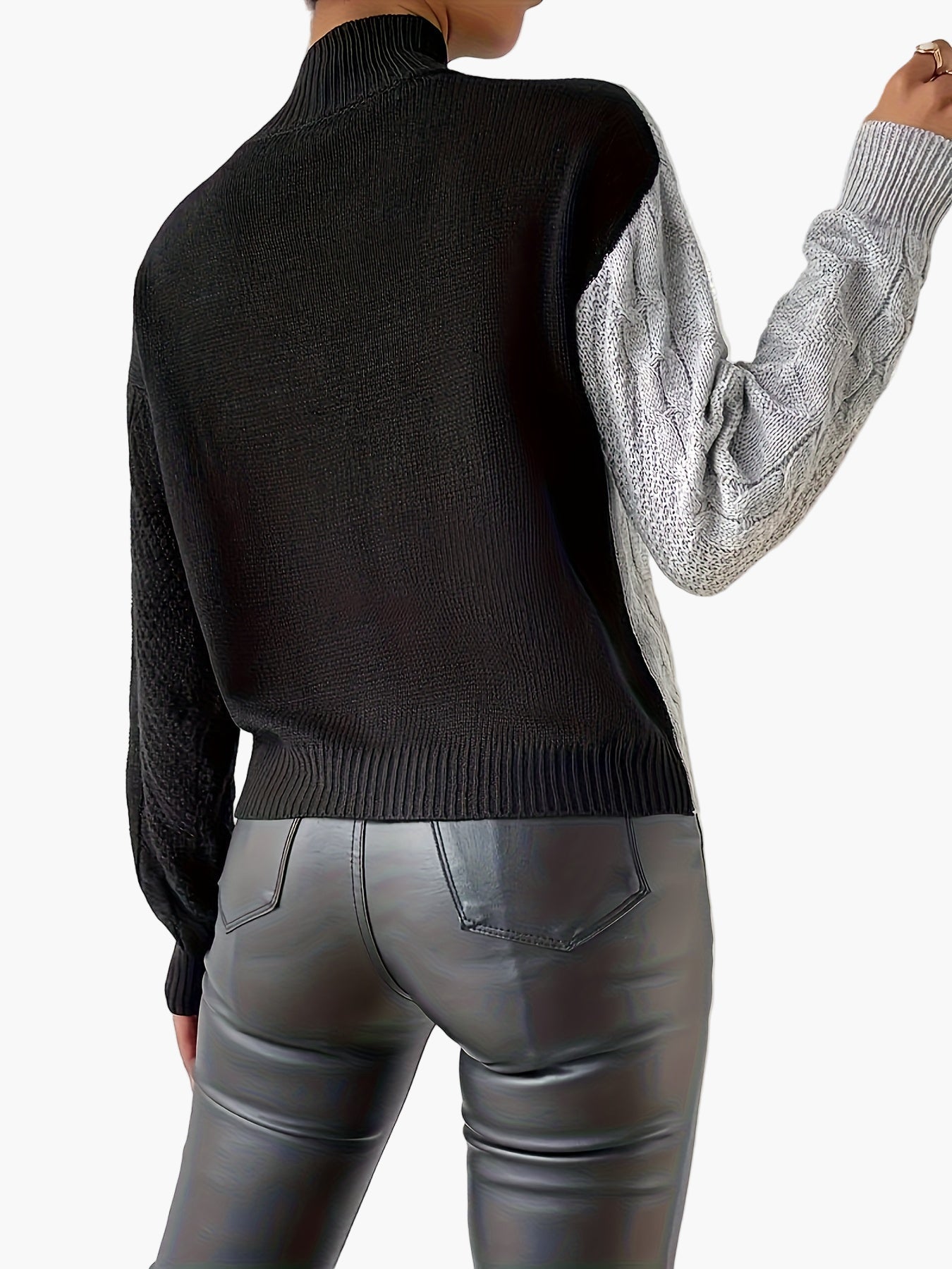 Viktoria Schwarz Colorblock Patchwork Strickpullover für Damen | Stehkragen Grobstrick Büro Casual - XS/S/M/L/XL/2XL