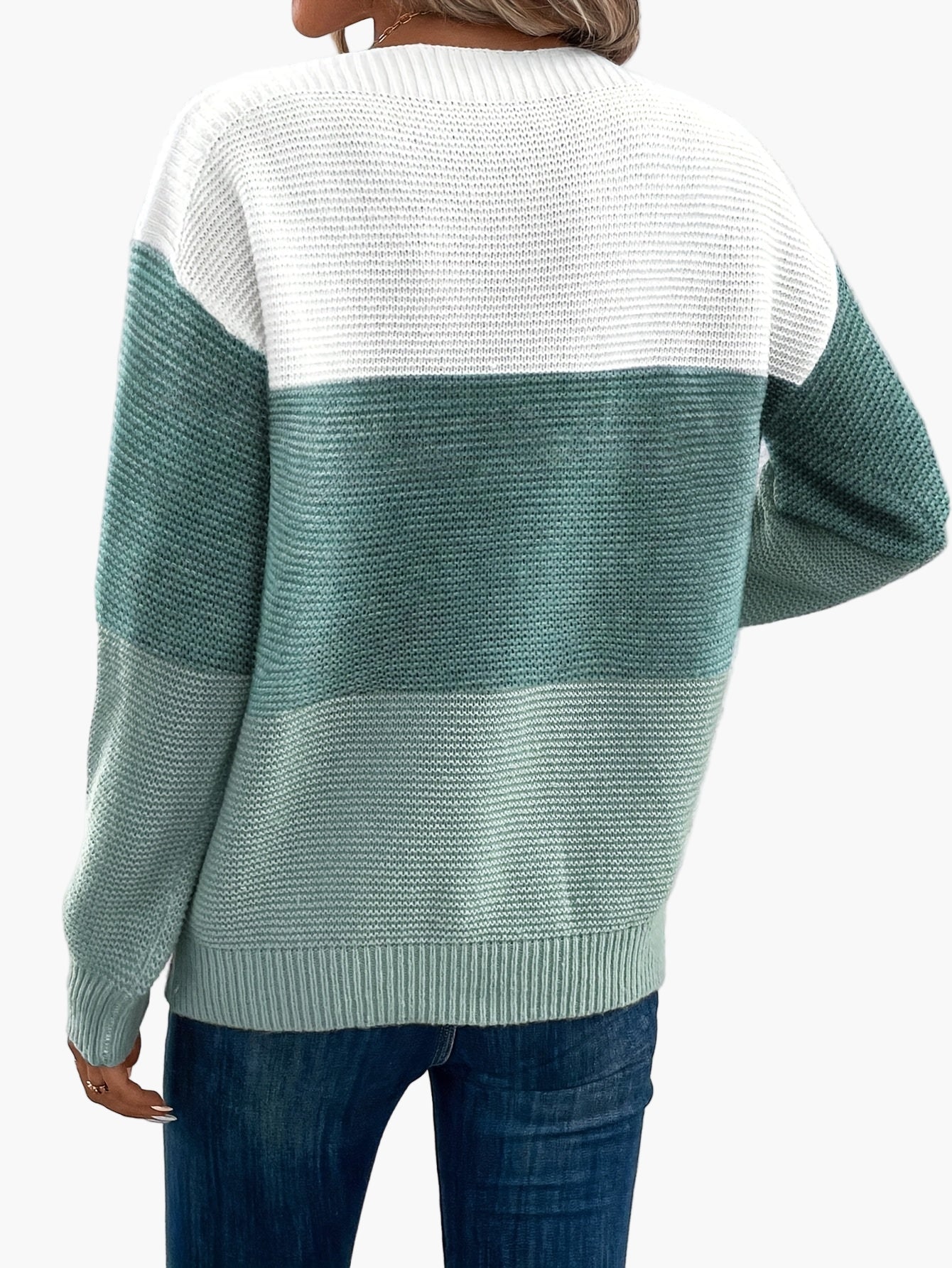 Brigitte Grün Colorblock Strickpullover für Damen | Oversized Rundhals Casual Herbst Winter - S/M/L/XL