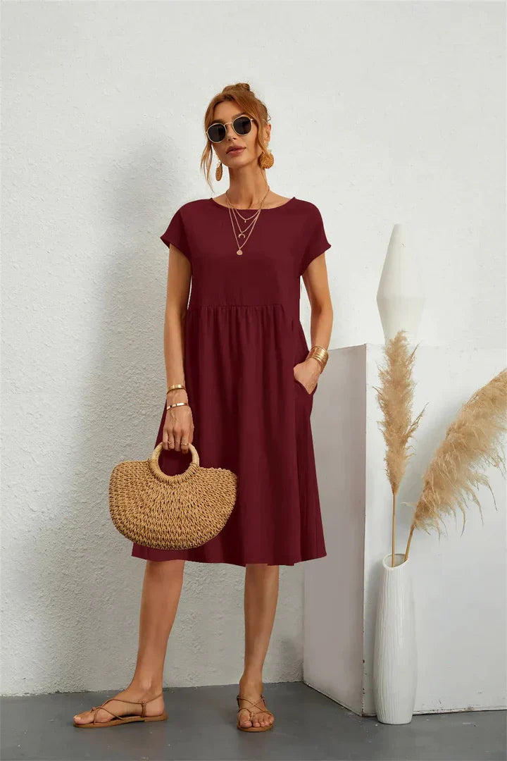 Monika Schwarz Kurzarm Kleid mit Rundhals und Taschen für Damen | Leichter Sommerkomfort | Alltag und Urlaub - S/M/L/XL/2XL