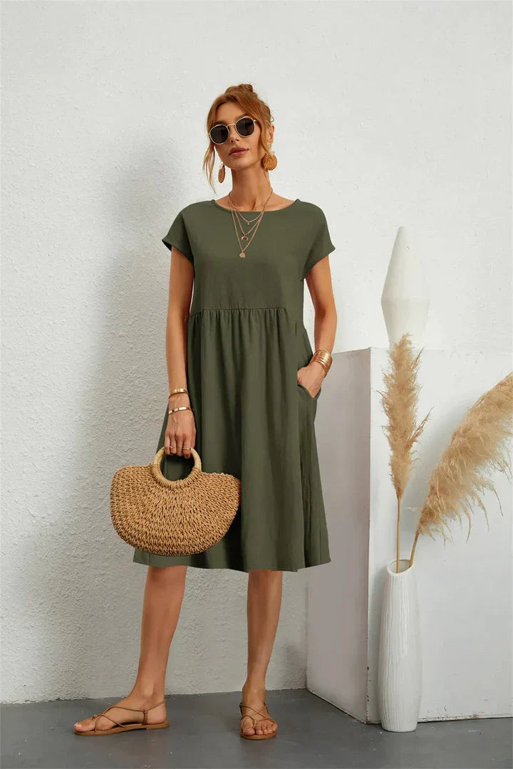 Monika Schwarz Kurzarm Kleid mit Rundhals und Taschen für Damen | Leichter Sommerkomfort | Alltag und Urlaub - S/M/L/XL/2XL