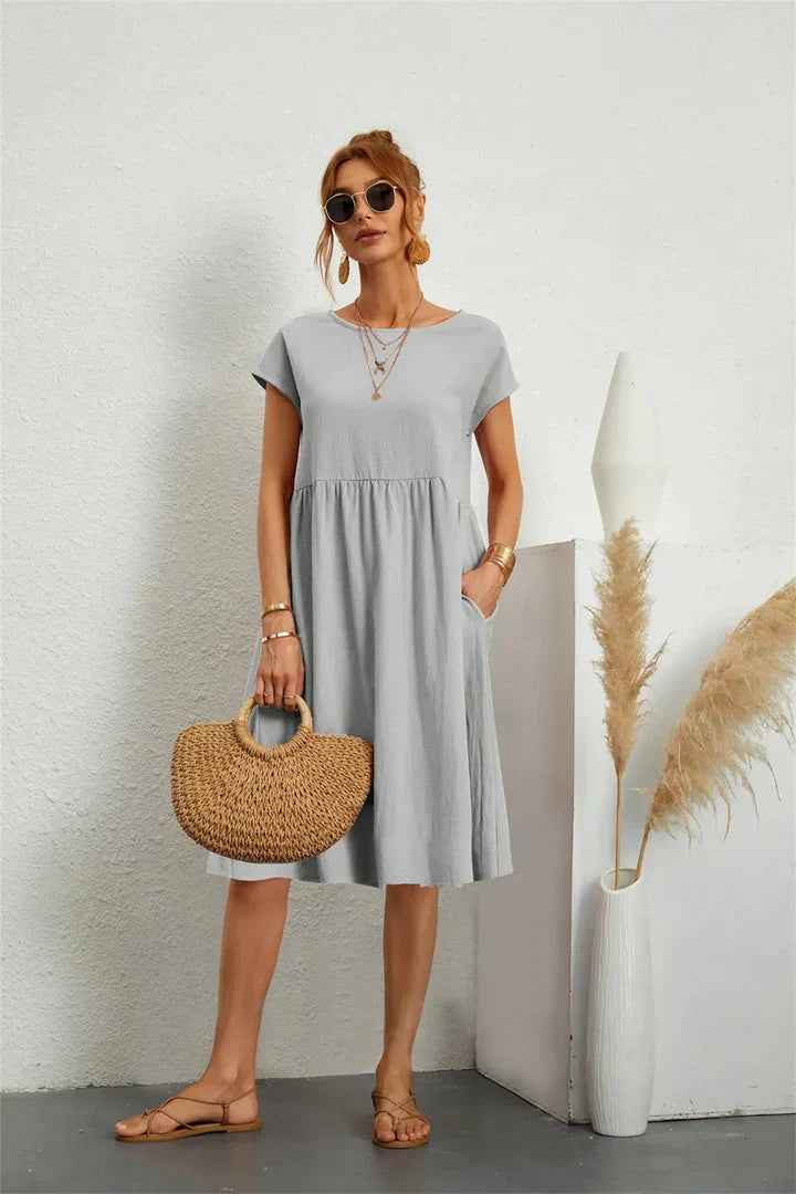 Monika Schwarz Kurzarm Kleid mit Rundhals und Taschen für Damen | Leichter Sommerkomfort | Alltag und Urlaub - S/M/L/XL/2XL