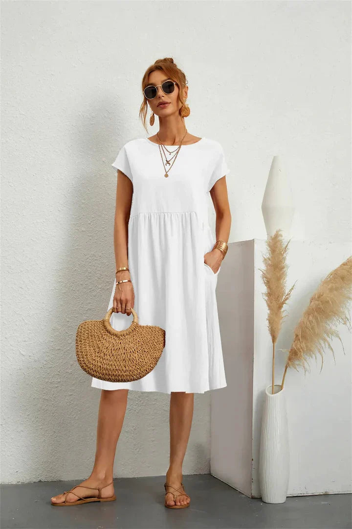Monika Schwarz Kurzarm Kleid mit Rundhals und Taschen für Damen | Leichter Sommerkomfort | Alltag und Urlaub - S/M/L/XL/2XL