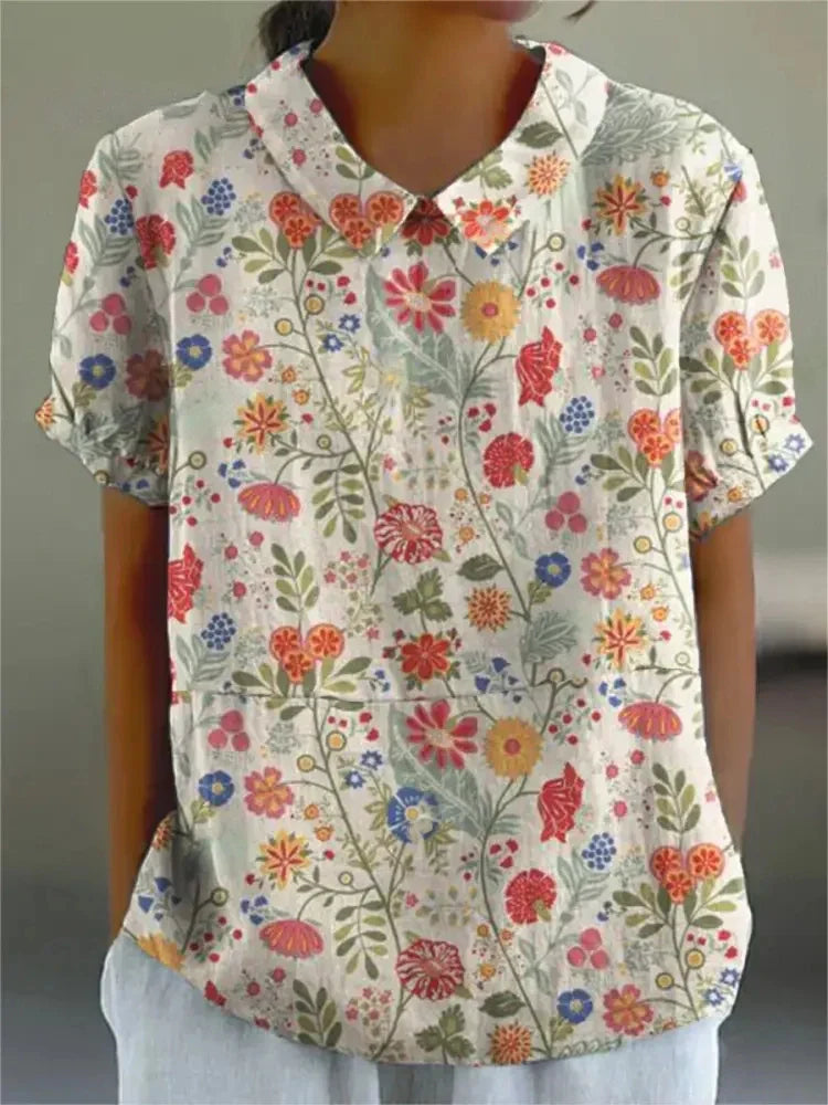 Monika Khaki Floral Leinen Bluse für Damen | Luftig Lässiger Stil | Sommerbluse - S/M/L/XL/2XL