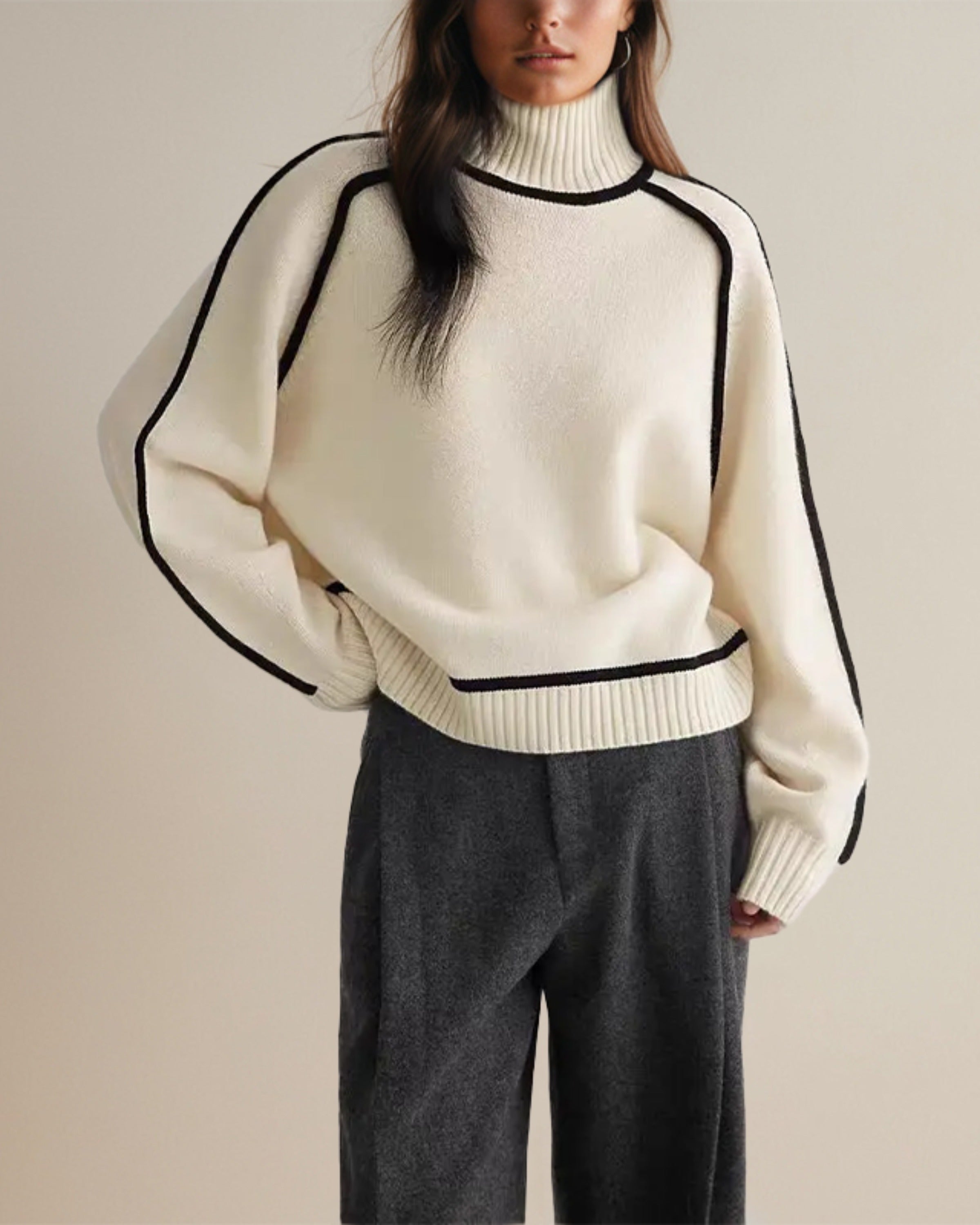 Sonja Braun Oversized Rollkragenpullover mit Kontrastbesatz für Damen | Elegant Casual Winter - S/M/L/XL
