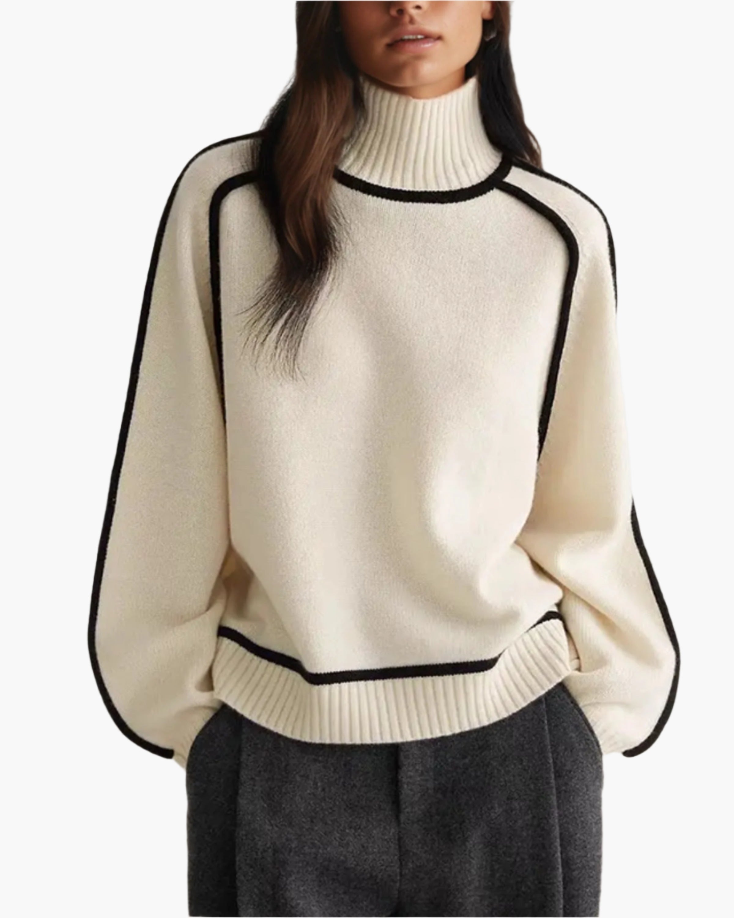 Sonja Braun Oversized Rollkragenpullover mit Kontrastbesatz für Damen | Elegant Casual Winter - S/M/L/XL
