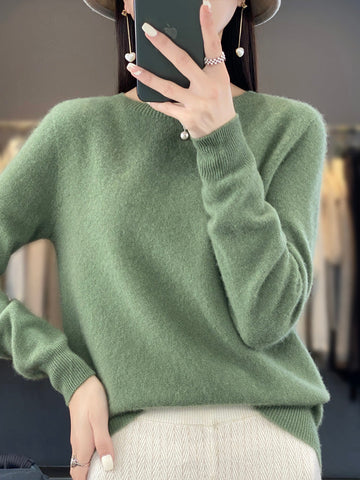Rosemarie Grün Oversized Kaschmir-Optik Strickpullover für Damen | Rundhals Winter Casual - S/M/L/XL/2XL