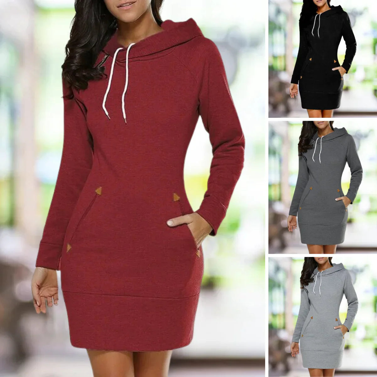 Monika Rot Langarm Hoodie-Kleid für Damen | Lässige figurnahe Passform | Mit Taschen - S-5XL