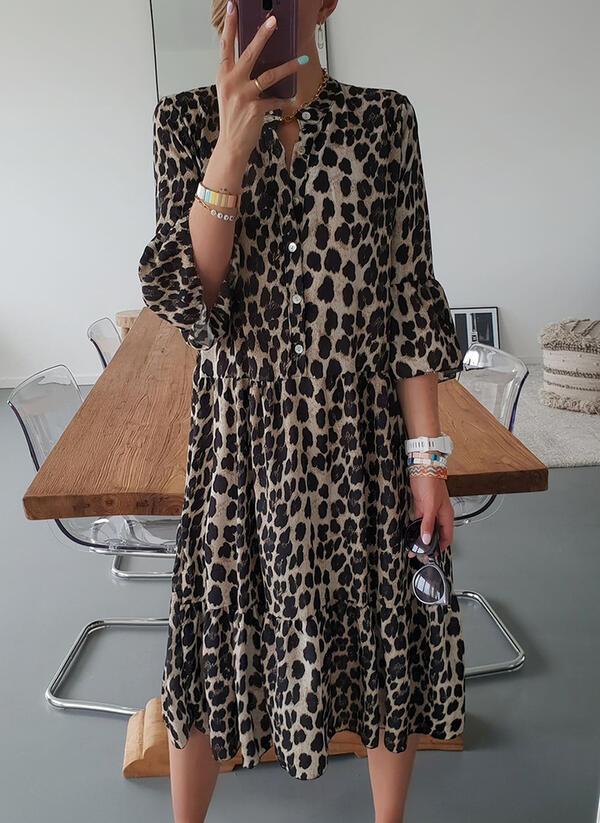 Monika Leopard Gemustertes Midi-Kleid für Damen | Leichtes A-Linien Fit | Sommerlich Elegant - XS-2XL