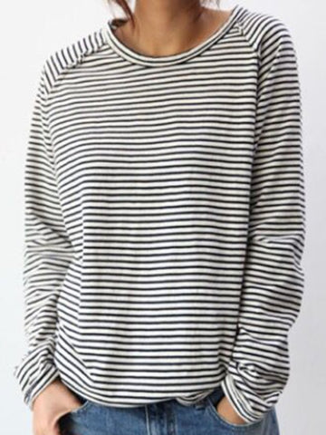 Monika Weiß Gestreiftes Rundhals Langarm-Top für Damen | Lockere Passform Lässiger Stil | Alltag & Freizeit - S/M