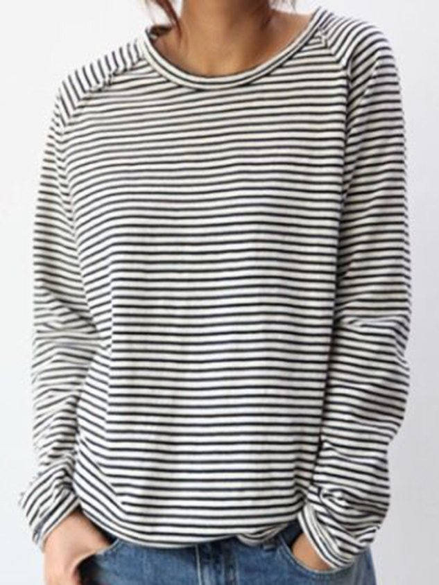 Monika Weiß Gestreiftes Rundhals Langarm-Top für Damen | Lockere Passform Lässiger Stil | Alltag & Freizeit - S/M