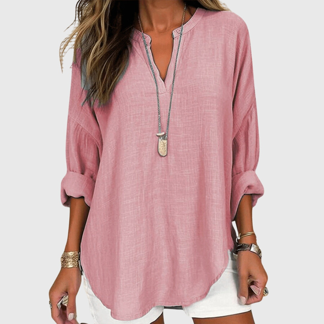 Ruth Hellblau Leinen-Look V-Ausschnitt Bluse für Damen | Lockere Fliessende Passform | Strand und Alltag - S-5XL