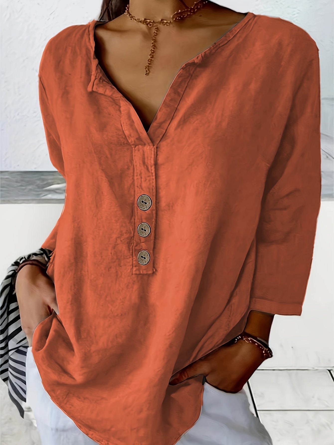 Monika Orange Lockere V-Ausschnitt Baumwoll-Bluse für Damen | Luftig Lässiger Stil | Alltag & Urlaub - S-3XL