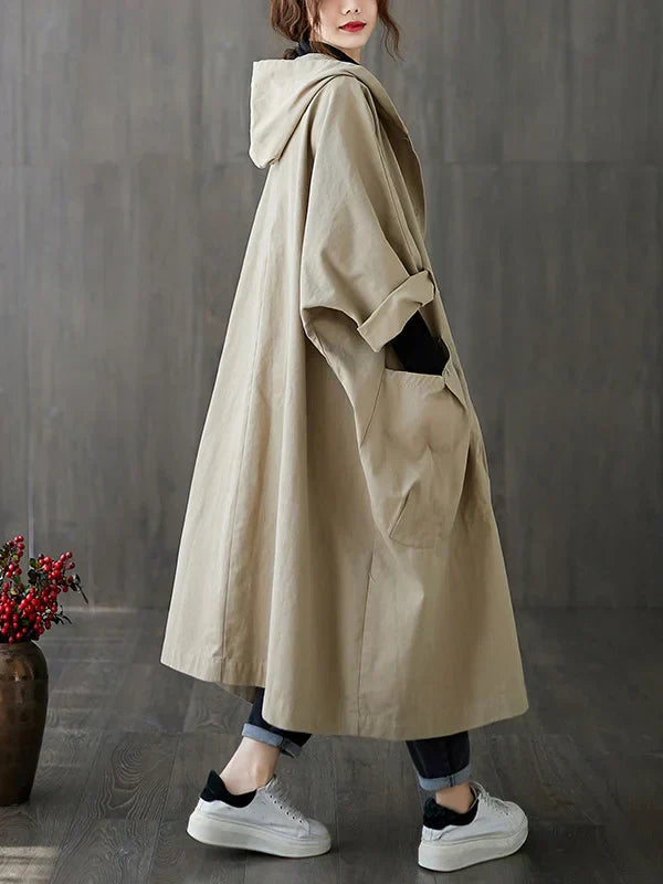 Brigitte Beige Wasserdichter Langer Trenchcoat mit Kapuze für Damen | Oversized Casual Herbst - S/M/L/XL/2XL/3XL