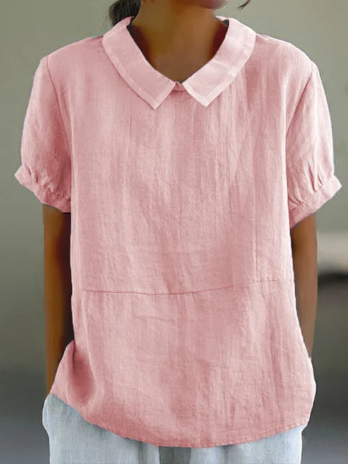 Monika Blau Leinen-Bluse mit Rundkragen für Damen | Luftig Entspannter Schnitt | Alltag & Büro | Kurzarm - S/M/L/XL/2XL/3XL