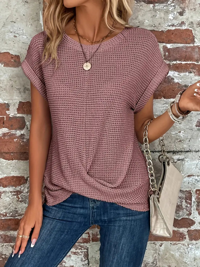 Monika Blau Waffelstrick-Top mit gerollten Ärmeln für Damen | Lässig-elegante Passform | Alltag & Freizeit - XS/S/M/L/XL/2XL