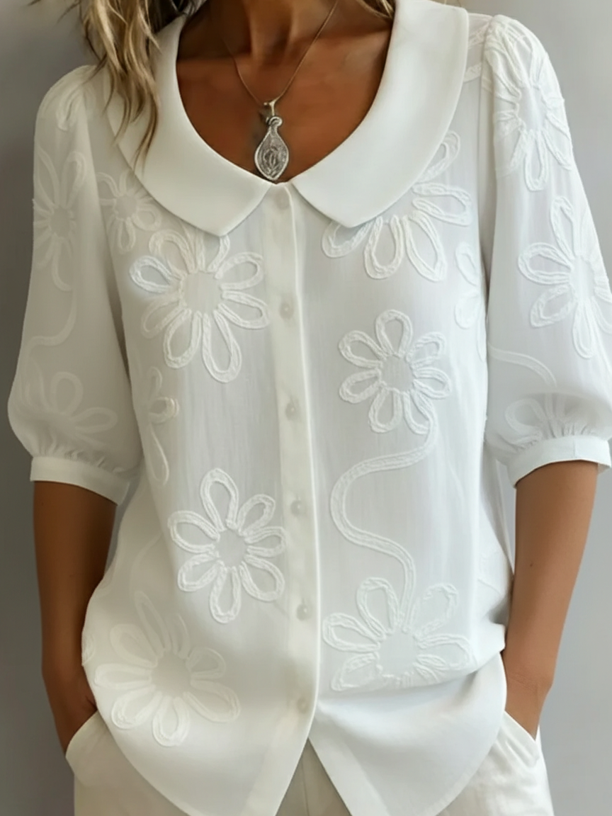 Monika Gelb Blumenbestickter Peter-Pan-Kragen Kurzarm Bluse für Damen | Leichter Femininer Fit | Alltag und Brunch - S/M/L/XL/2XL/3XL