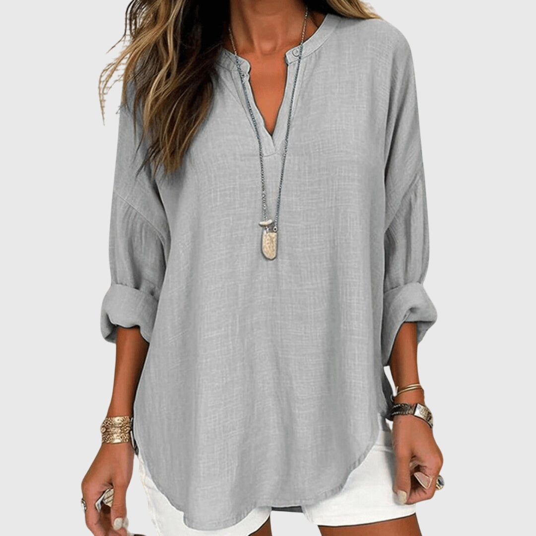 Ruth Hellblau Leinen-Look V-Ausschnitt Bluse für Damen | Lockere Fliessende Passform | Strand und Alltag - S-5XL