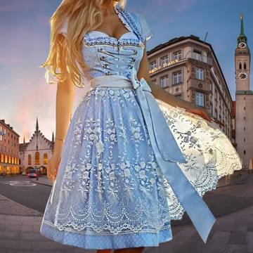 Zita Hellblau Spitzenbesatz Dirndlkleid für Damen | Oktoberfest Trachtenkleid mit Schürze - XS/S/M/L/XL/2XL/3XL/4XL/5XL