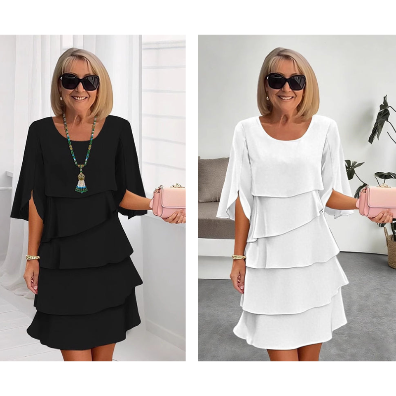 Monika Blau Gestuftes Rüschen-Kleid mit Flutter-Ärmeln für Damen | Leicht Fliessend | Alltag & Events - S/M/L/XL/2XL/3XL