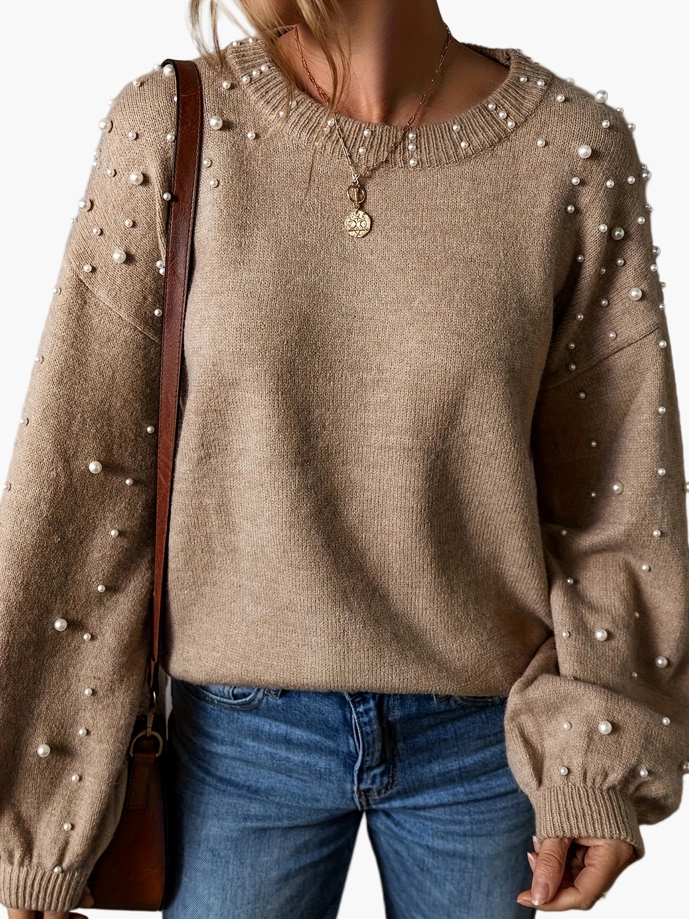 Vreni Khaki Pullover mit Perlenbesatz für Damen | Rundhals Strickpullover Elegant Casual - S/M/L/XL/2XL