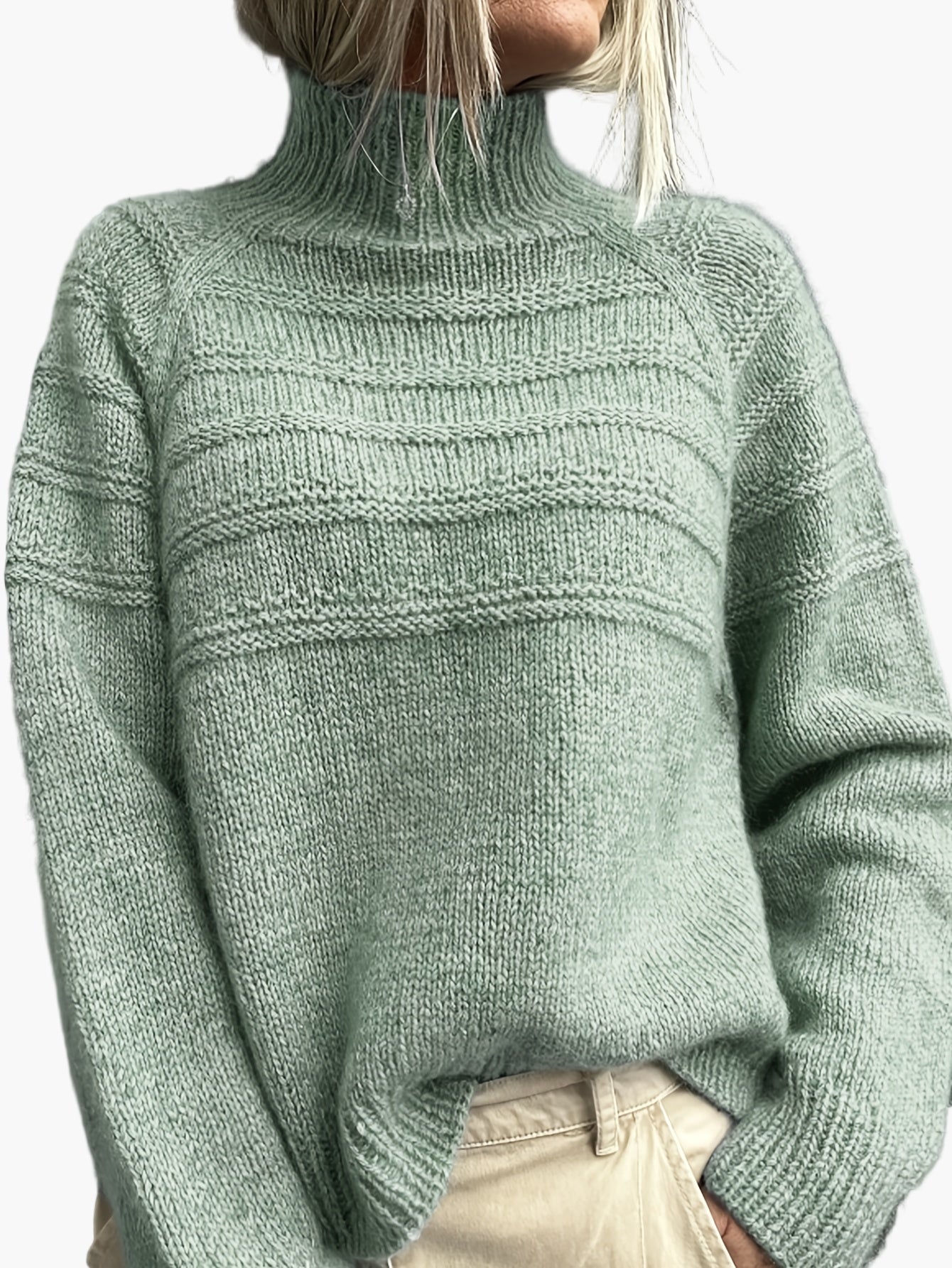 Gisela Hellgrün Oversized Strickpullover mit hohem Kragen für Damen | Herbst Winter Casual - S/M/L/XL/2XL