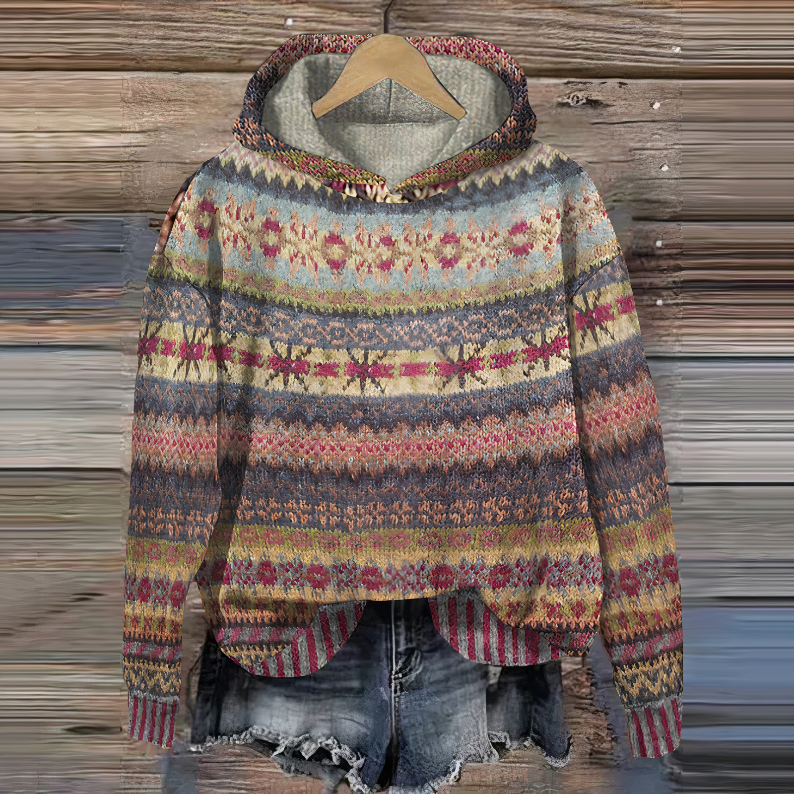Rosmarie Maronbraun Vintage Ethnomuster Kapuzenpullover für Damen | Boho Casual Stil - S/M/L/XL/2XL/3XL/4XL/5XL