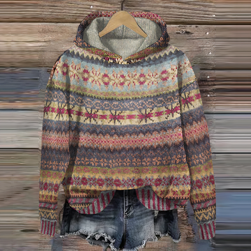 Rosmarie Maronbraun Vintage Ethnomuster Kapuzenpullover für Damen | Boho Casual Stil - S/M/L/XL/2XL/3XL/4XL/5XL