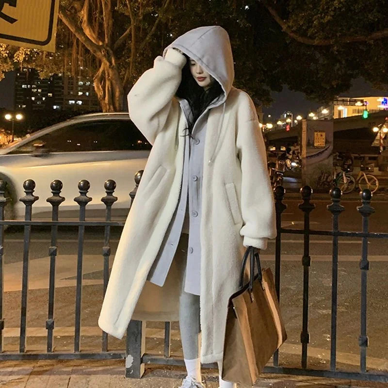 Veronika Weiss Oversized Langer Kapuzenmantel für Damen | Zweifarbig Sherpa-Optik Winter Casual - S/M/L/XL/2XL