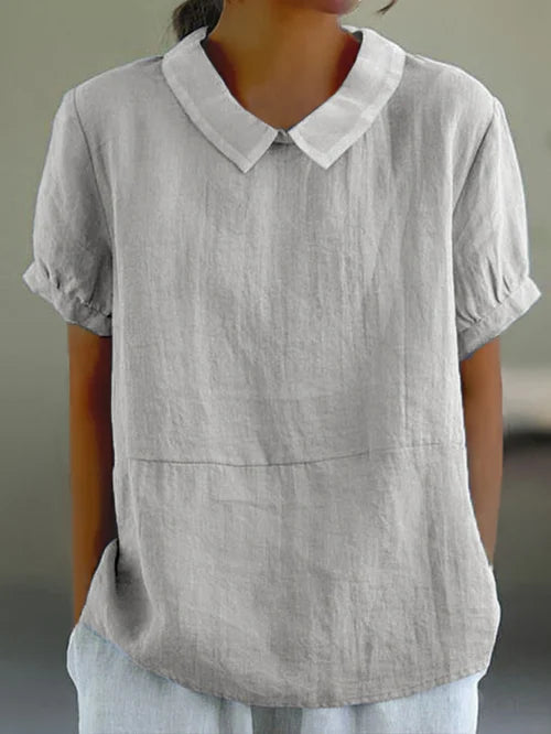 Monika Blau Leinen-Bluse mit Rundkragen für Damen | Luftig Entspannter Schnitt | Alltag & Büro | Kurzarm - S/M/L/XL/2XL/3XL