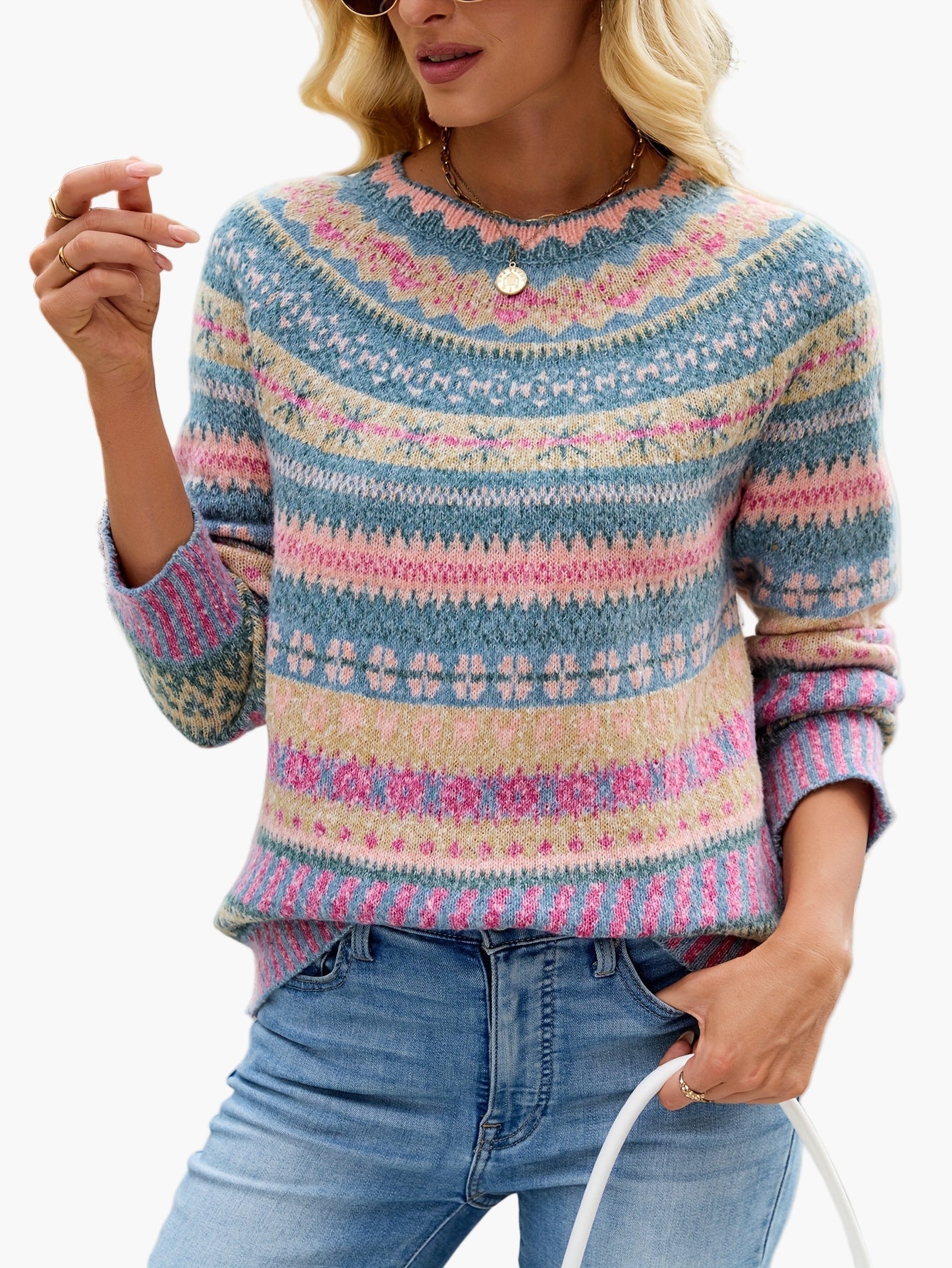 Hannelore Dunkelgrau Fair Isle Gemusterter Strickpullover für Damen | Rundhals Herbst Winter Casual - S/M/L/XL