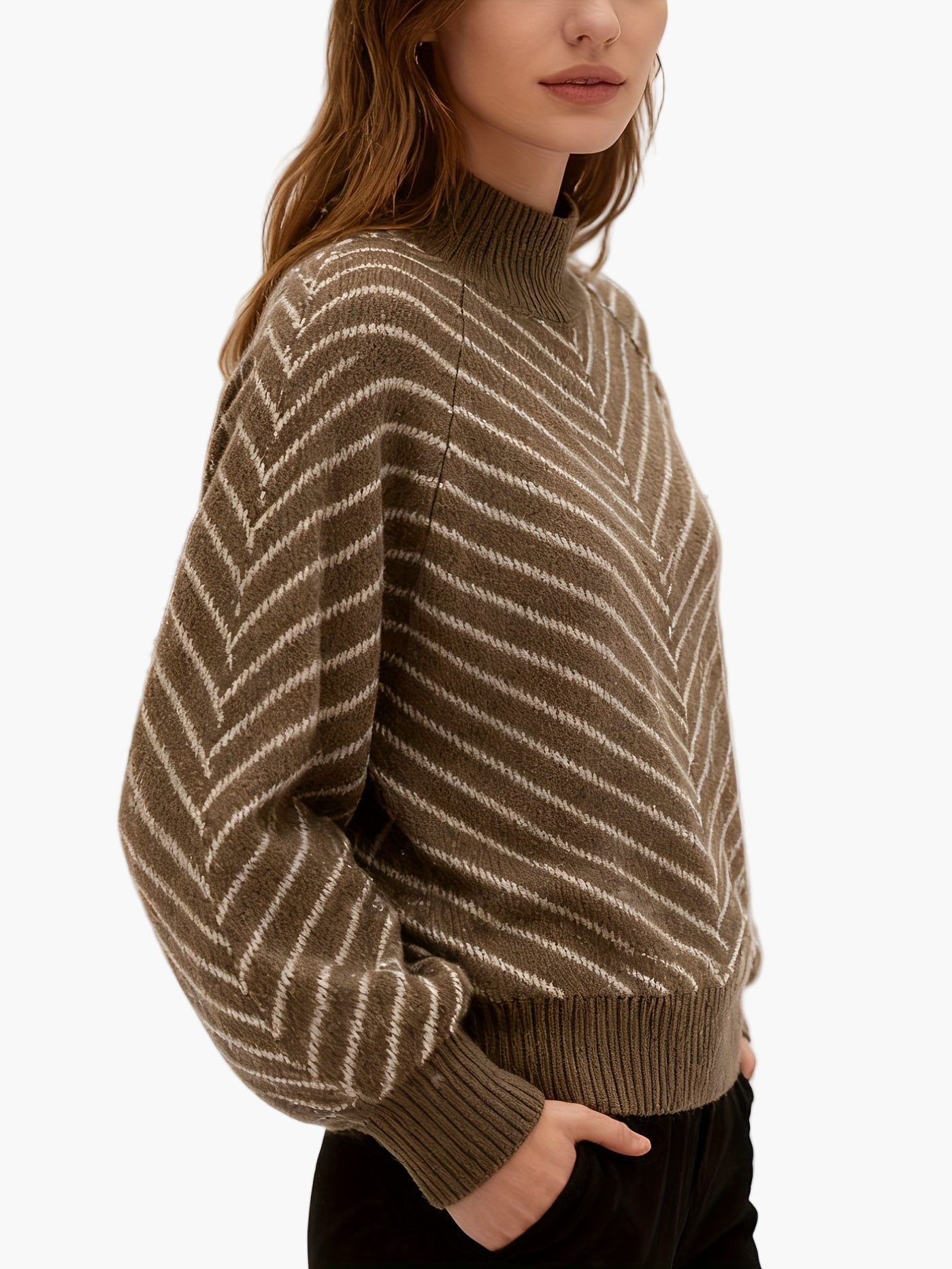 Erna Braun Zickzack Strickpullover mit Stehkragen für Damen | Herbst Winter Casual - S/M/L/XL