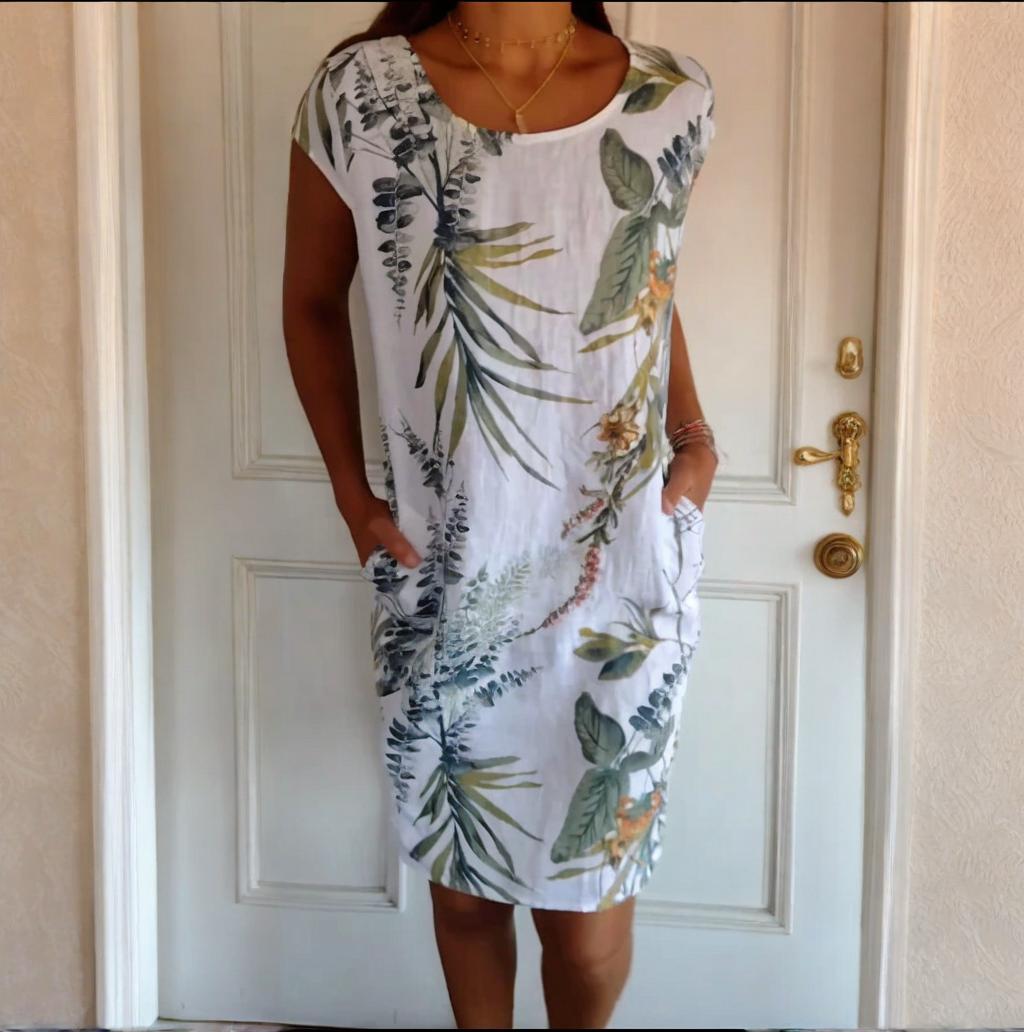 Monika Weiß Botanischer Print Rundhals Sommerkleid für Damen | Leichter Komfort mit Taschen | Alltag & Urlaub - S-4XL