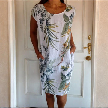 Monika Weiß Botanischer Print Rundhals Sommerkleid für Damen | Leichter Komfort mit Taschen | Alltag & Urlaub - S-4XL